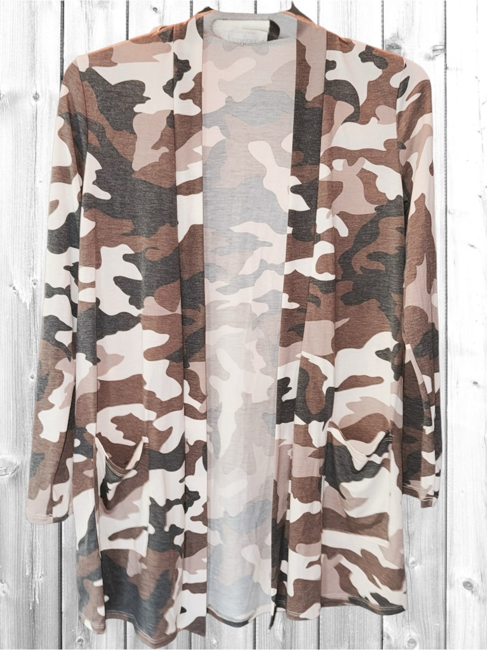 🌼Zenana Outfitters Brown and Cream Camo Open-Front Cardigan